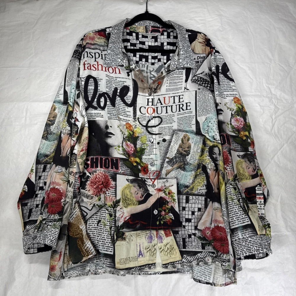 John Mark Women 3XL Newspaper Print Button Down Shirt Haute Couture Crossword